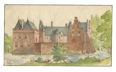 201664 Gezicht op het omgrachte kasteel Nijenrode bij Breukelen uit het zuiden.N.B. Het kasteel heeft tegenwoordig het ...